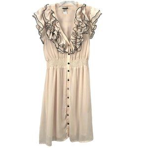 H&M Pink Ruffle Dress sz 6 Black Trim Smocked Button Front Flutter Sleeve Sheer